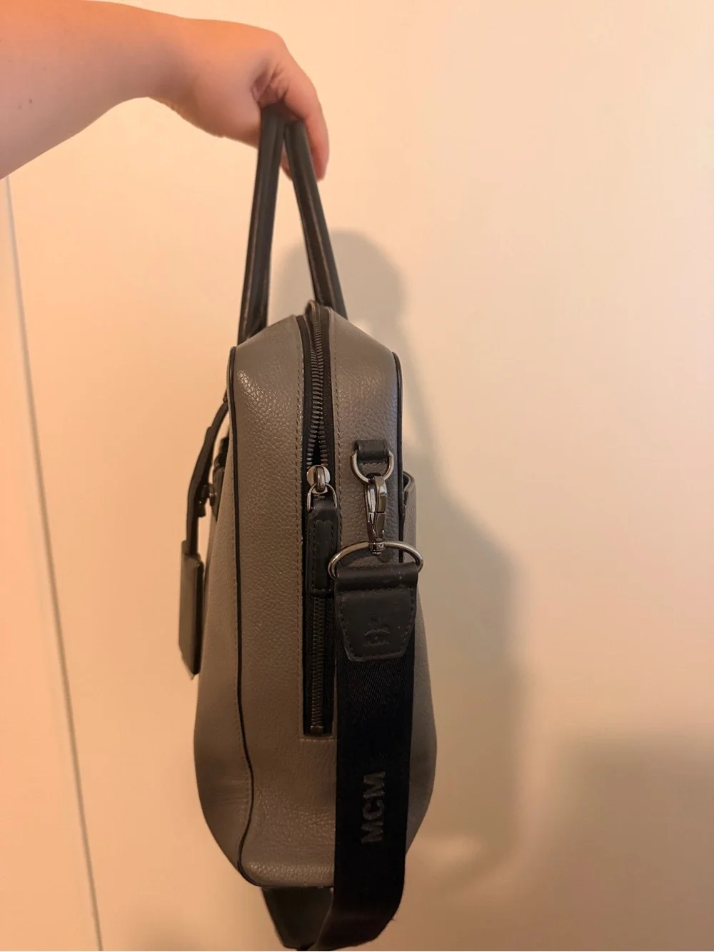 Unisex MCM Vintage Grey Leather Briefcase with Black Trim